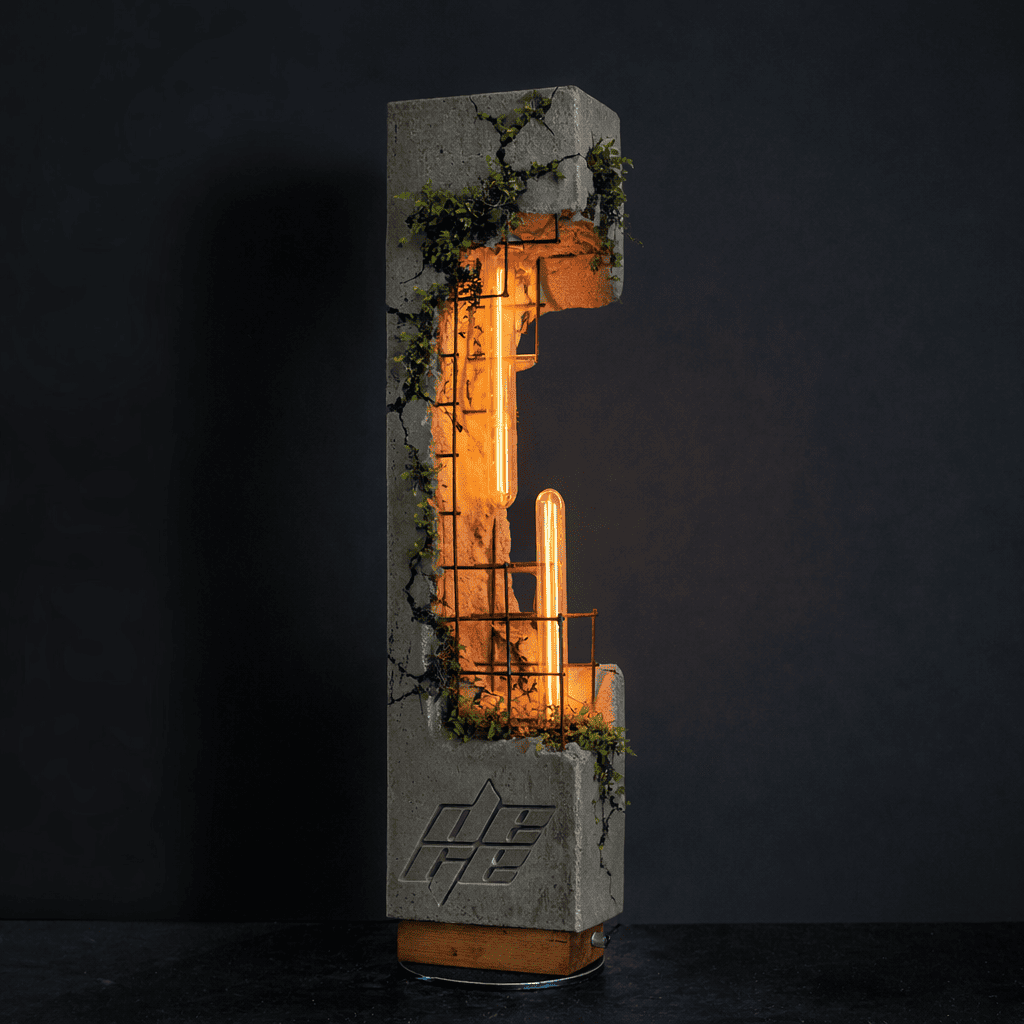Concrete lamp with exposed structure, warm glowing filament tubes, and moss growing in cracks