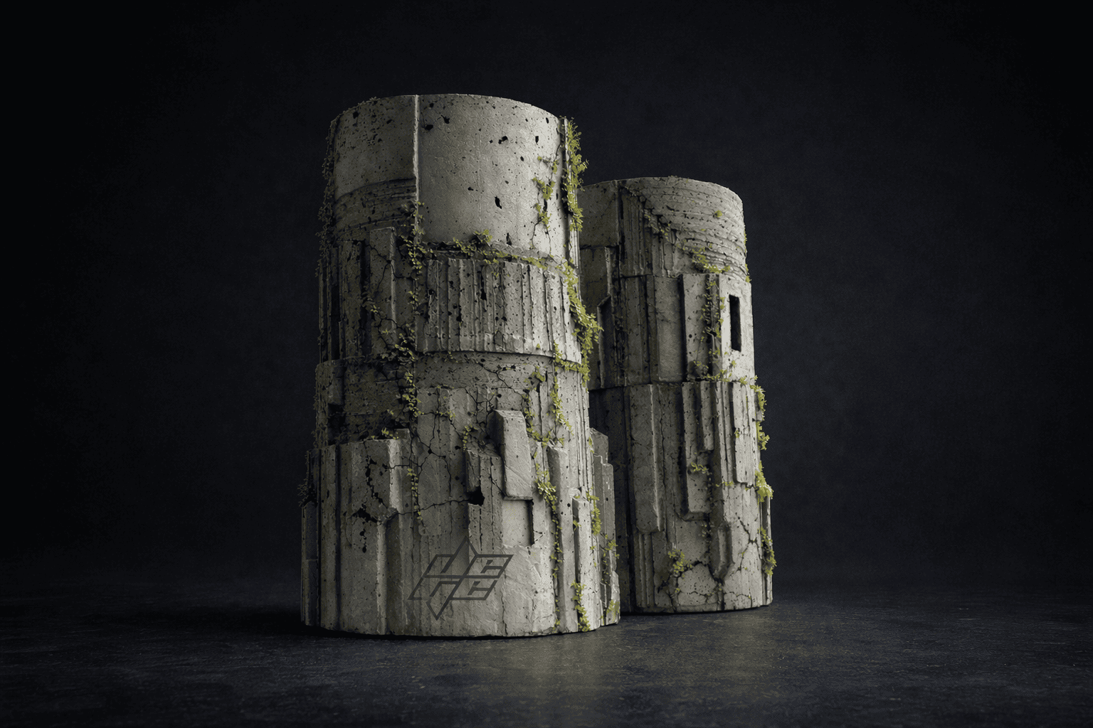 Textured concrete object with layered architectural forms or greebling and moss emerging from cracks
