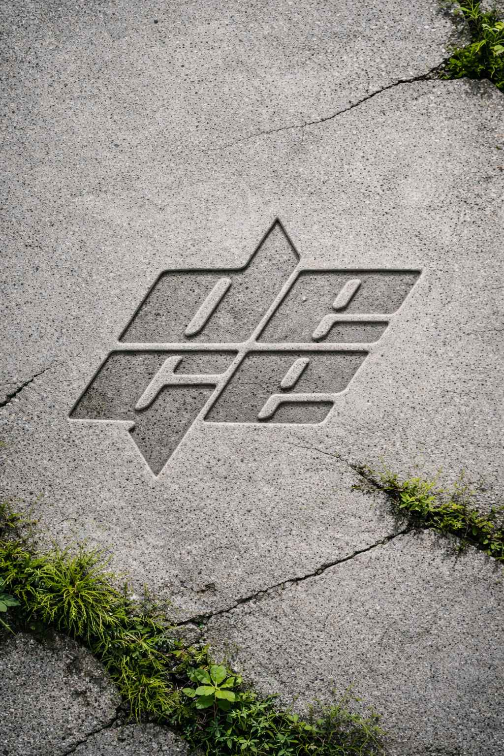 Concrete surface with DEGE logo embossed and moss growing in cracks