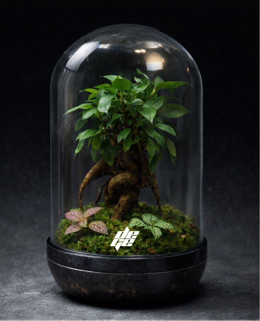 Glass terrarium containing a small tree with exposed roots, moss, and plants including fittonia inside a sealed dome